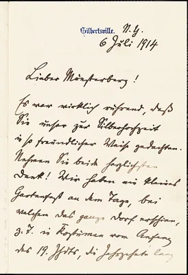 Francke, Kuno, 1855-1930 autograph letter signed to Hugo Münsterberg, Gilbertsville, N.Y., 6 July 1914