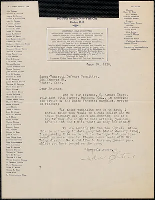 Ida Epstein (American Civil Liberties Union) typed letter signed to Sacco-Vanzetti Defense Committee, New York, N.Y., June 23, 1926
