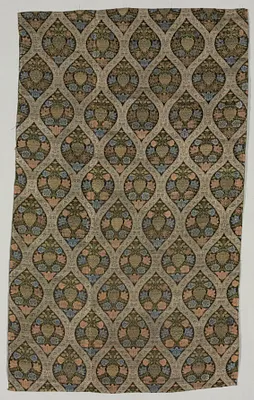 Lampas fragment with blossoms in ogival lattice
