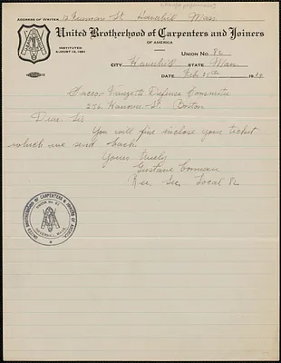 Gustave Comeau (United Brotherhood of Carpenters and Joiners of America) autograph letter signed to Sacco-Vanzetti Defense Committee, Haverhill, Mass., February 25, 1924
