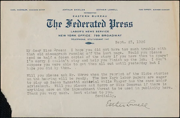 Esther Lowell (The Federated Press) autograph letter signed to Miss Green, New York, N. Y., September 23, 1926