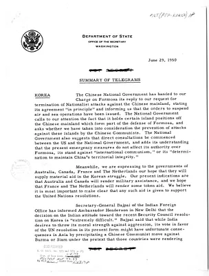 Memorandum, State Department Summary of Telegrams