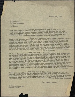 [Creighton J. Hill] typed letter (copy) to the Editors, The New Republic, [Boston, Mass.], August 25, 1927