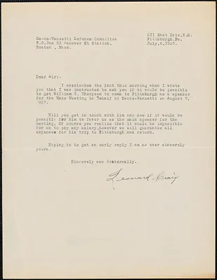 Leonard Craig (Sacco-Vanzetti Defense Committee of Western Pennsylvania) typed letter signed to Sacco-Vanzetti Defense Committee, Pittsburgh, Pa., July 6, 1927