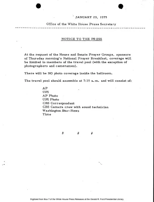 Travel Pool for National Prayer Breakfast [Pool Assignments]