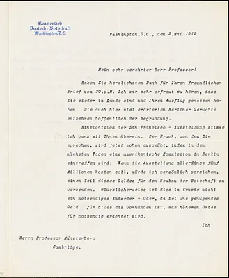 Bernstorff, Johann Heinrich, Graf von, 1862-1939 typed letter signed to Hugo Münsterberg, Washington, D.C., 02 May 1912