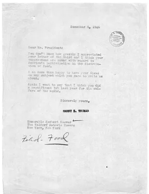Letter from President Harry S. Truman to Former President Herbert Hoover