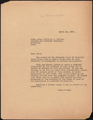 Gardner Jackson typed letter (copy) to Winfield Wilbur, Boston, Mass., April 26, 1927