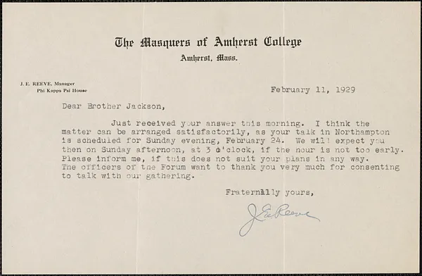 J. E. Reeve (The Masquers of Amherst College) typed note signed to [Gardner] Jackson, Amherst, Mass., February 11, 1929