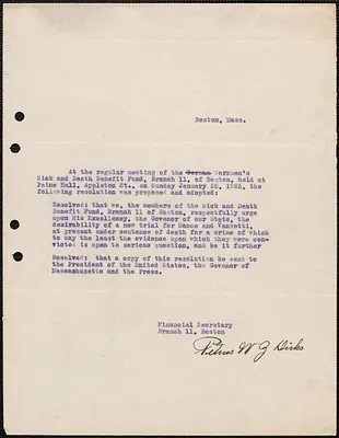 Petrus W. G. Dicks (Workmen's Sick and Death Benefit Fund, Branch 11) typed resolution signed to [Alvan T. Fuller], Boston, Mass., [January 25, 1925]