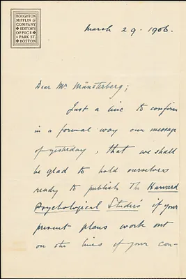 Booth, William Stone, 1864-1926 autograph letter signed to Hugo Münsterberg, Boston, 29 March 1906