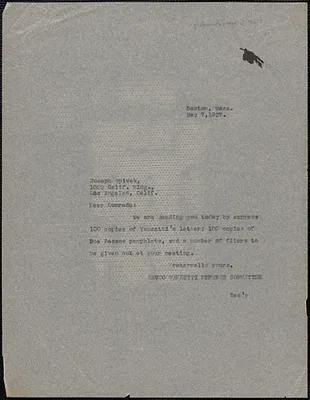 Sacco-Vanzetti Defense Committee typed note (copy) to Joseph Spivak (United Front Sacco-Vanzetti Defense Committee), Boston, Mass., May 7, 1927