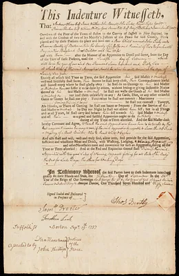 John Fisk indentured to apprentice with Thomas Bently of Boston, 15 September 1757