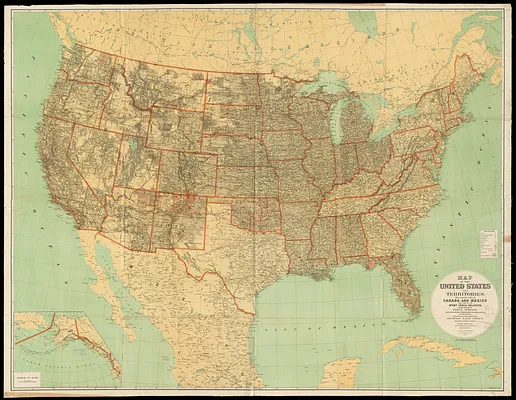 Map of the United States and territories with adjacent parts of Canada and Mexico, also part of the West India Islands