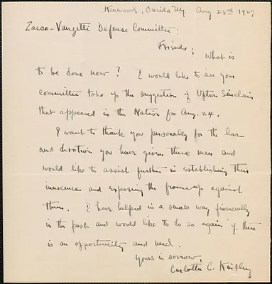 Carlotta C. Kinsley autograph note signed to Sacco-Vanzetti Defense Committee, Oneida, N. Y., August 23, 1927