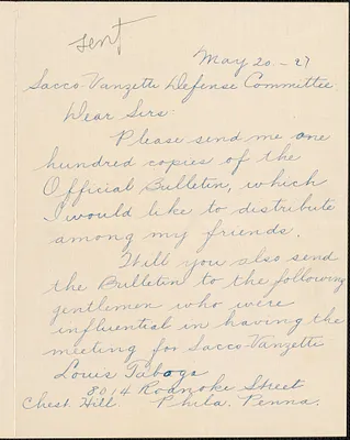 A. Lorenzon autograph note signed to Sacco-Vanzetti Defense Committee, Philadelphia, Pa., May 20, 1927