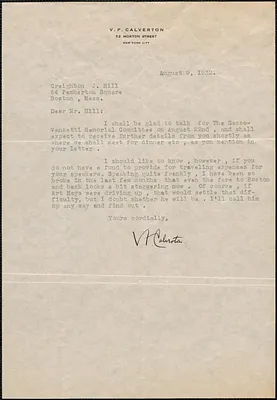 V. F. Calverton typed letter signed to Creighton J. Hill, New York, N. Y., August 9, 1932