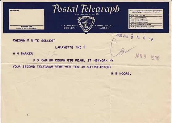 Telegram to H.H. Barker, January 8, 1930