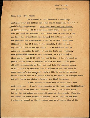 Bartolomeo Vanzetti typed note (copy) to Elizabeth Glendower Evans, [Dedham], 14 June 1927