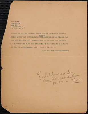 Sacco-Vanzetti Defense Committee telegram (copy) to Rose Baron (Sacco-Vanzetti Emergency Committee), Boston, Mass., July 22, [1927]
