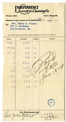 Bill from Independence Laundry & Cleaning Company