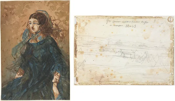 Woman in a Blue Dress (recto); War Encampment Scene (verso)