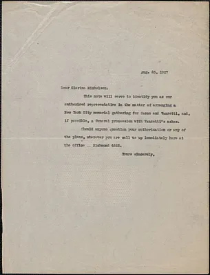 Sacco-Vanzetti Defense Committee typed note (copy) to Clarina Michelson, Boston, Mass., August 25, 1927