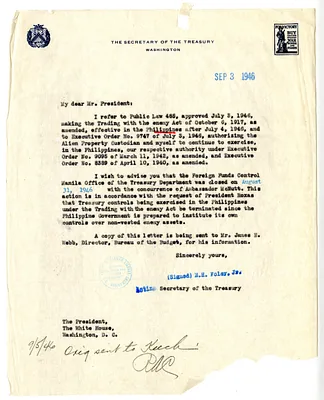 Letter from Acting Secretary of the Treasury E. H. Foley to President Harry S. Truman