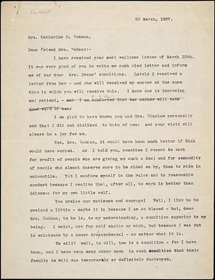 Bartolomeo Vanzetti typed letter (copy) to Katherine B. Codman, [Charlestown], 23 March 1927