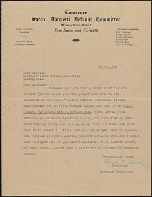 Fred E. Beal (Lawrence Sacco-Vanzetti Defense Committee) typed letter signed to Mary Donovan, Lawrence, Mass., May 10, 1927