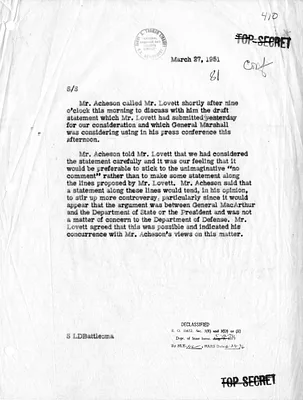 Memorandum of Telephone Conversation with Secretary of State Dean Acheson and Deputy Secretary of Defense Robert Lovett