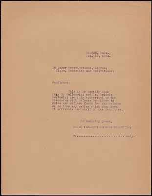 Sacco-Vanzetti Defense Committee typed letter (circular) to Labor organizations, lodges, clubs, societies, and individuals, Boston, Mass., December 12, 1924