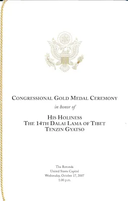 Program from the Congressional Gold Medal Ceremony in Honor of His Holiness the 14th Dalai Lama of Tebet Tenzin Gyatso