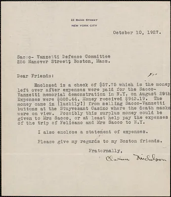 Clarina Michelson typed note signed to Sacco-Vanzetti Defense Committee, New York, N. Y., October 10, 1927