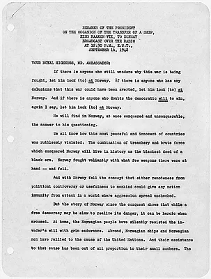 Remarks On The Occasion Of The Transfer Of A Ship, King Haakon VII, To Norway Broadcast Over The Radio