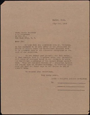 Sacco-Vanzetti Defense Committee typed letter (copy) to Carlo Barsotti (Il Progresso), Boston, Mass., July 2, 1923