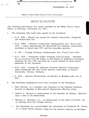Information made available by the White House Press Office on Saturday, November 29, 1975 [Notice to Press]