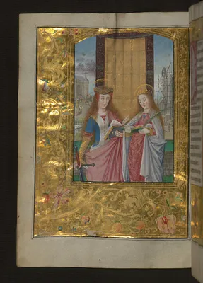 Leaf from Aussem Hours: Prayer to Saint Catherine, Saints Catherine and Barbara with Gold and Floral Marginal Decoration
