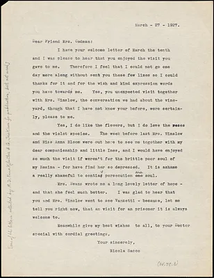 Nicola Sacco typed letter to Katherine B. Codman, [Dedham], 27 March 1927