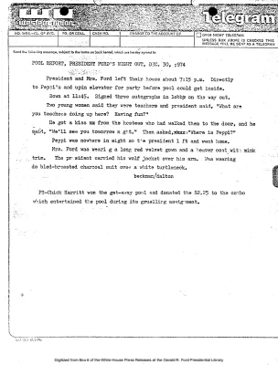 Pool Report, President Ford's Night Out, December 30, 1974