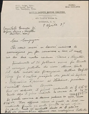 Sam M. Lucia (Sacco e Vanzetti Defense Committee, Rochester) autograph letter signed, in Italian, to Sacco-Vanzetti Defense Committee, Rochester, N.Y., April 9, 1927