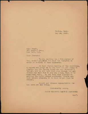 Sacco-Vanzetti Defense Committee typed letter (copy) to Mary C. Trask, Boston, Mass., May 26, 1927