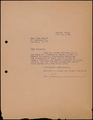 Sacco-Vanzetti Defense Committee typed letter (copy), in Italian, to Tina Cacici, Boston, Mass., December 20, 1924