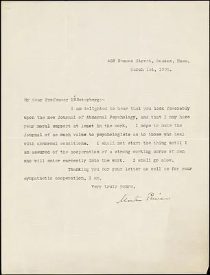 Prince, Morton, 1854-1929 typed letter signed to Hugo Münsterberg, Boston, 01 March 1905