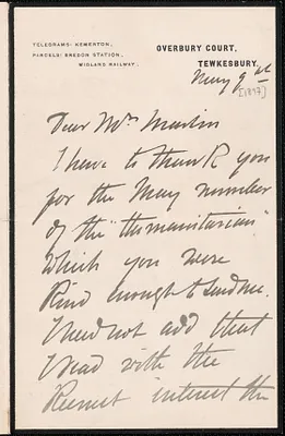 Autograph letter signed to Mrs. Martin, Tewkesbury, England, May 9, [1897]