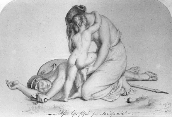 Woman and Child Mourning Over Fallen Warrior