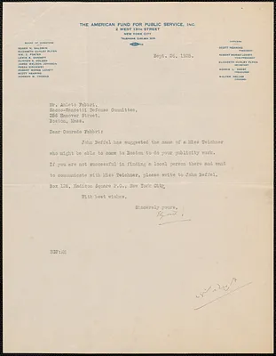Elizabeth Gurley Flynn (The American Fund for Public Service, Inc.) typed letter signed to Amleto Fabbri, New York, N.Y., September 26, 1925