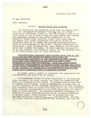 Memorandum from National Administrative Committee of the American Communist Party Regarding the Emmett Till Lynching