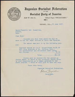 Charles Pogorelic (Jougoslav Socialist Federation of the Socialist Party of America) typed letter signed to Sacco-Vanzetti Defense Committee, Chicago, Ill., June 11, 1927