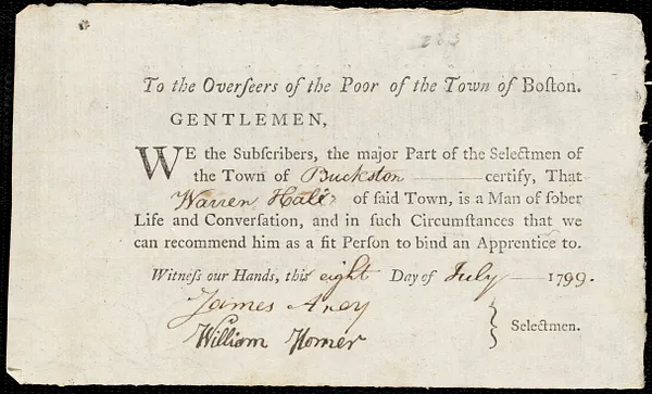 Mary Ann Sharp indentured to apprentice with Warren Hall of Buckston, 29 June 1799